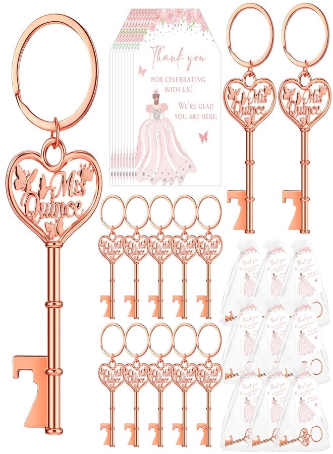 Aurelema 50 Sets Quinceanera Party Favors for Guests Butterfly Bottle Opener Keychain Thank You Tag Organza Bag Sweet 15 Years Quinceanera Gifts for Mis Quince Birthday Party Supplies (Rose Gold) - Image 1